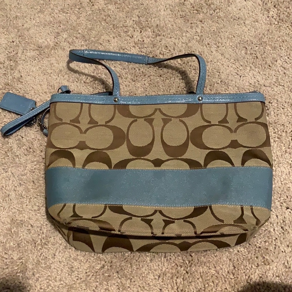 Khaki and powder blue Coach purse
